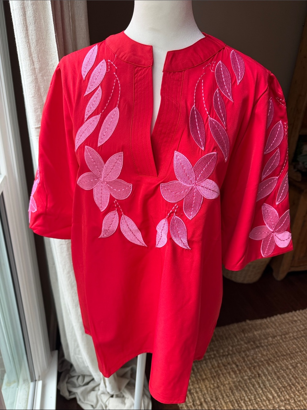 Sage Vell - Sz. Med -Women’s Red Floral Embroidered Split-Neck Top